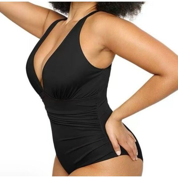 Shapellx Sculpt Ruched Plunge Shaping Tummy Control Swimsuit Black - Picture 4 of 7